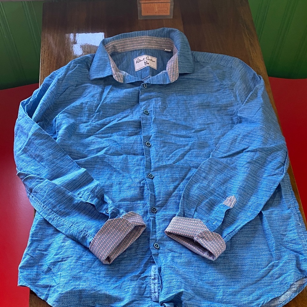 Robert Graham Blue Textured Button-Down Shirt with Contrast Trim